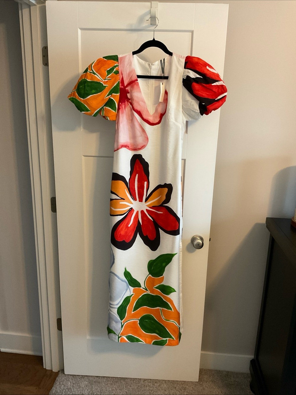 Anthropologie White Maxi Dress with Red, Orange, Green Floral Print